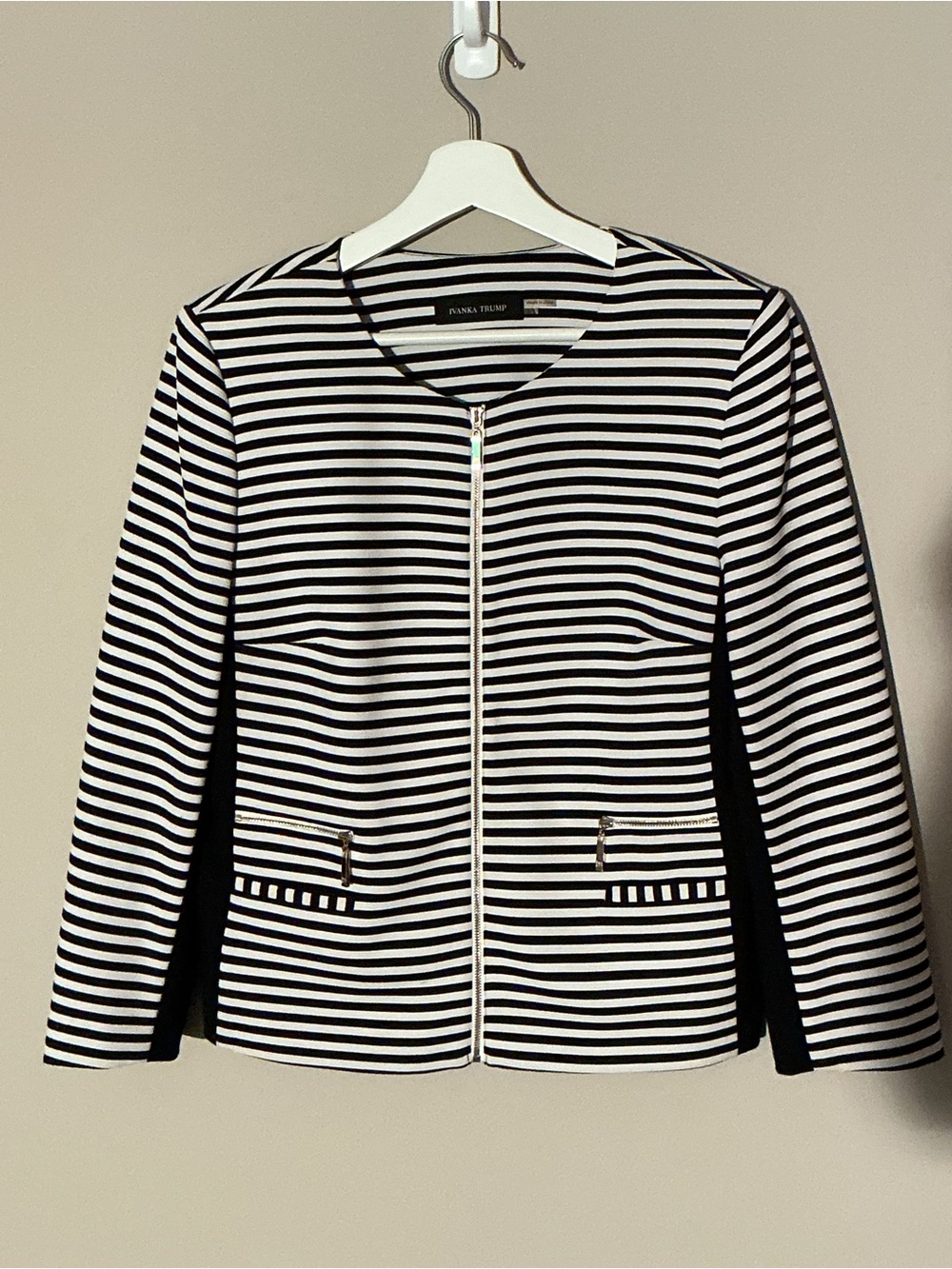 Ivanka Trump Black and White Striped Zip-Front Size 12 Blazer